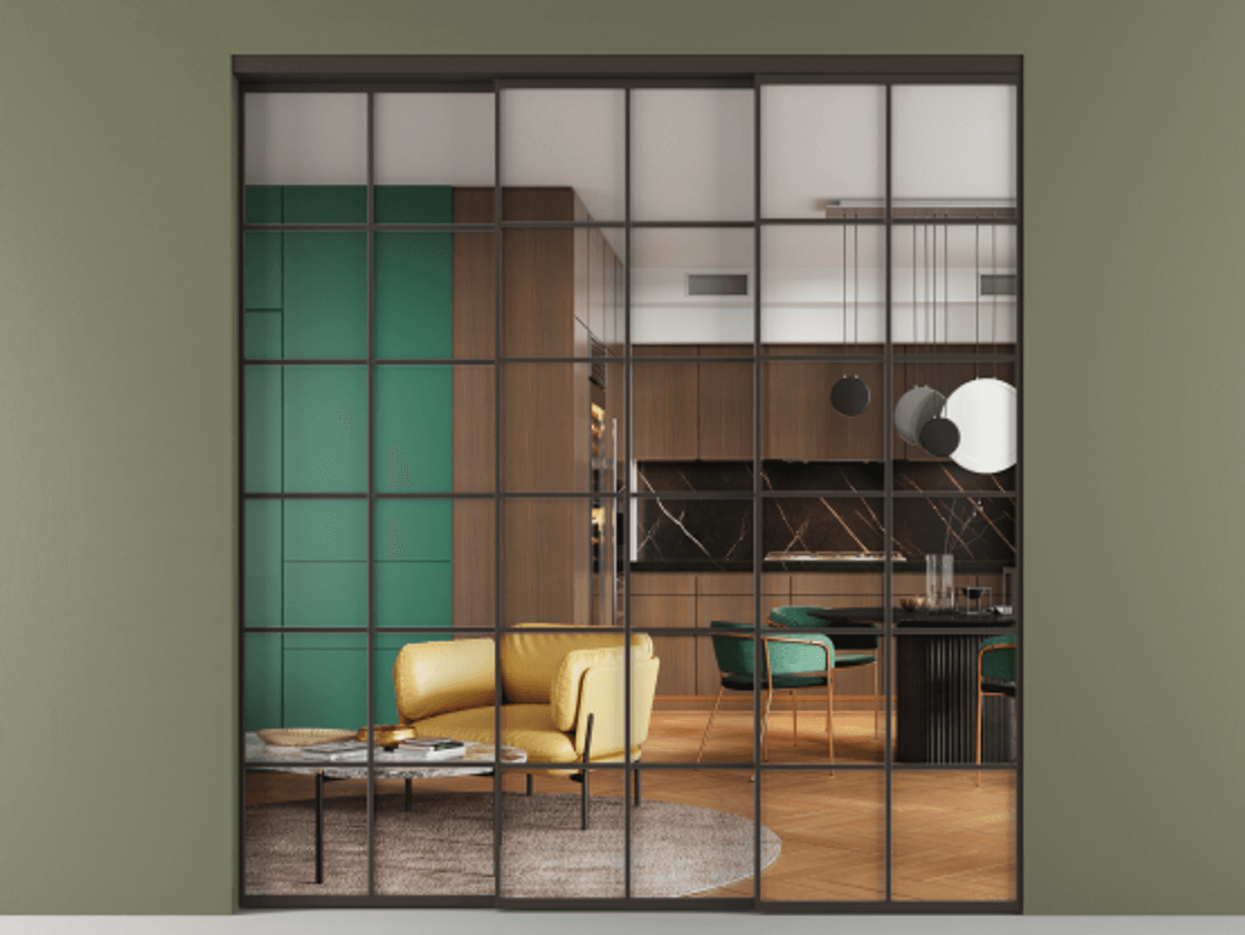 Перегородка Формато внутри проёма 3 створки с синхронным механизмом АЛПР 040.05 Алюминий антрацит Прозрачное стекло "Кристал Вижн", калёное Цена 382460 ₽  | Volhovec