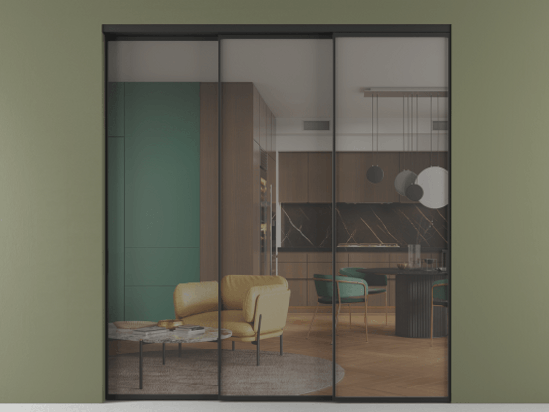 Перегородка Формато внутри проёма 3 створки с синхронным механизмом АЛПР 040.01 Алюминий Черный Прозрачное серое стекло, триплекс Цена 316120 ₽  | Volhovec