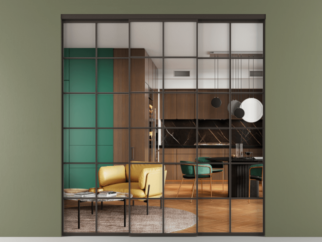 Перегородка Формато внутри проёма 3 створки АЛПР 040.05 Алюминий антрацит Прозрачное стекло "Кристал Вижн", калёное Цена 417090 сом | Volhovec