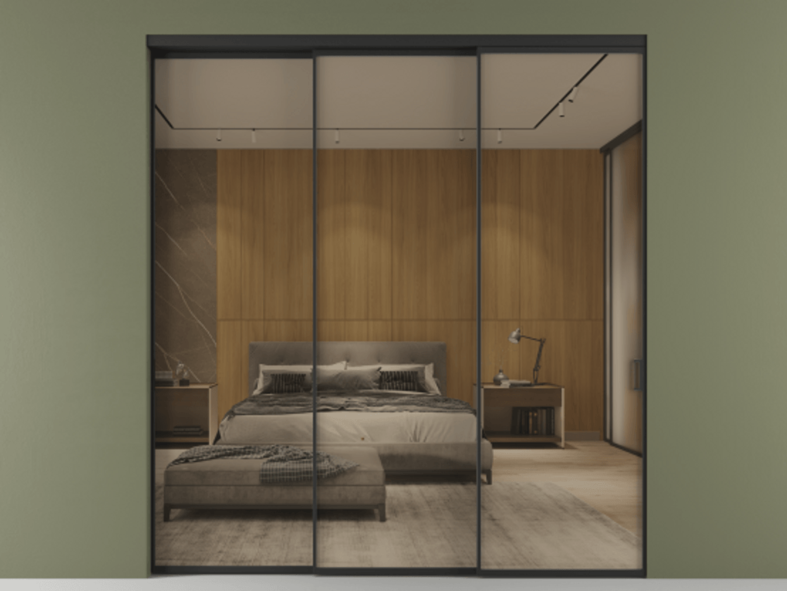 Перегородка Формато внутри проёма 3 створки с синхронным механизмом АЛПР 040.01 Алюминий Черный Рефлективное бронзовое стекло "Стопсол", калёное Цена 488230 сом  | Volhovec