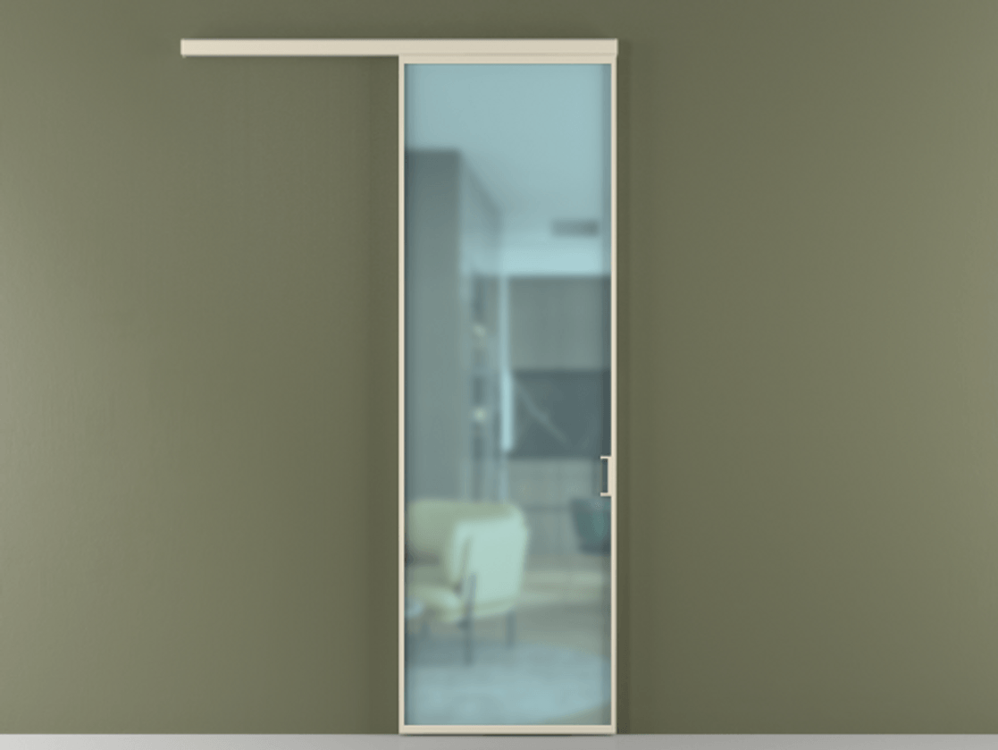 Перегородка Формато вдоль стены 1 створка АЛПР 040.01 Алюминий бежево-серый Сатинированное голубое стекло, триплекс Цена 101760 ₽  | Volhovec