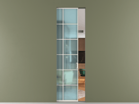 Алюминевая перегородка skr1_05_ Алюминий пудровый белый Сатинированное голубое стекло, триплекс, 6мм. Цвет Алюминий пудровый белый. Материал Алюминий в эмали. Коллекция Перегородка Формато скрытый пенал 1 створка. Картинка.