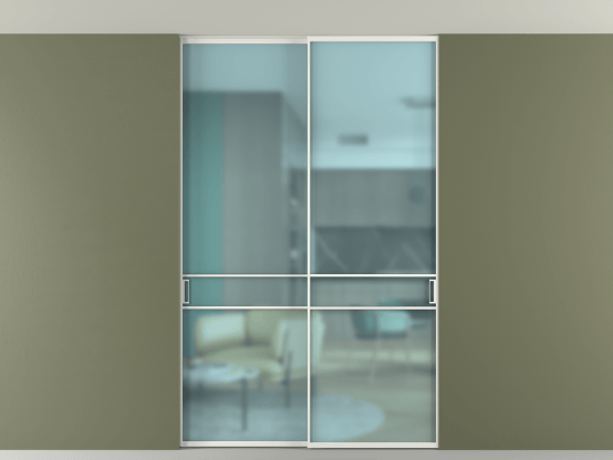 Алюминевая перегородка vn2_02 Алюминий светло-серый Сатинированное голубое стекло, триплекс, 6мм. Цвет Алюминий светло-серый. Материал Алюминий в эмали. Коллекция Перегородка Формато внутри проёма скрытое крепление в потолок 2 створки. Картинка.